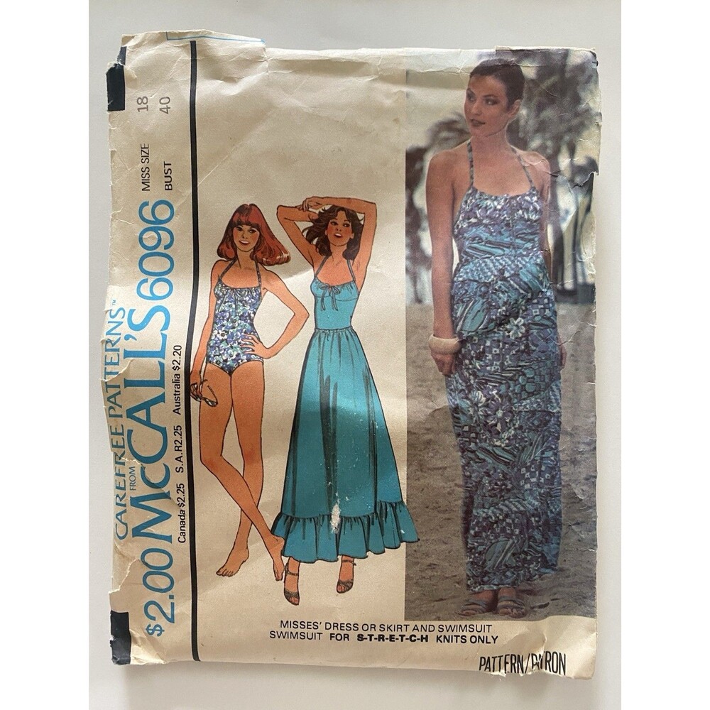 McCall's 6096 Vtg 70s Swimsuit Skirt Dress Pattern Misses Sz 18 B 40 Plus Size